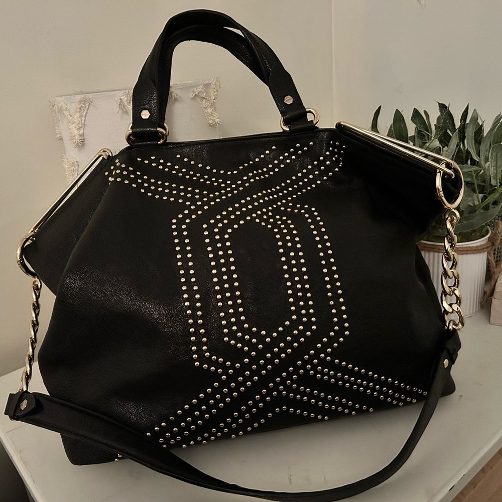 Bruno Magli Studded Black Tote Bag with Chain Strap